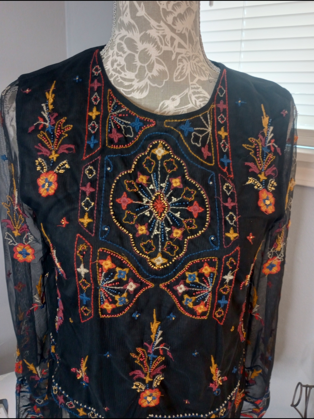 Embroidered Black Boho Top with Multicolor Floral Accents